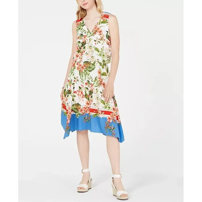 Exquisite Design Tommy Hilfiger Women's Printed Handkerchief Hem Dress White Size 2