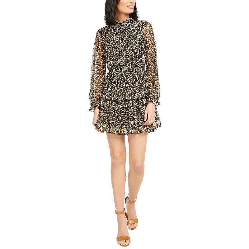 Weekend Style Sadie & Sage Women's Printed Ruffled Mesh Mock-Neck Dress Black Size Small