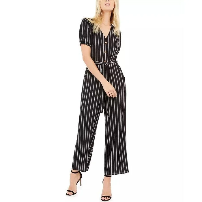 End Of The Year Monteau Women's Petite Button Front Striped Jumpsuit Black Size X-Large