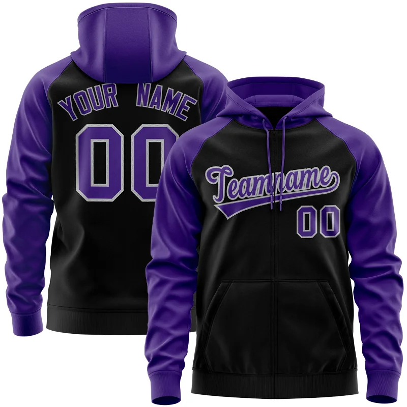 Creative Style Custom Stitched Black Purple-Gray Raglan Sleeves Sports Full-Zip Sweatshirt Hoodie Creative Style Custom Stitched Black Purple-Gray Raglan Sleeves Sports Full-Zip Sweatshirt Hoodie