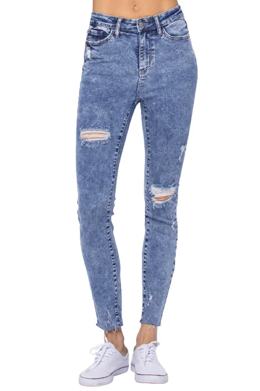 Retro Skirt Design High Rise Destroyed Skinny Jean In Acid Wash