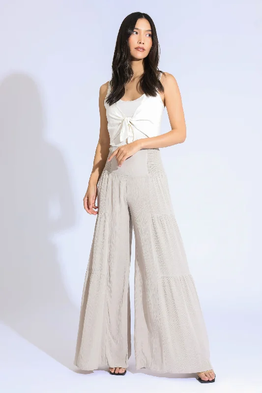 Fresh And Simple TIE WAIST TIERED WIDE LEG PANT - LIGHT SAND