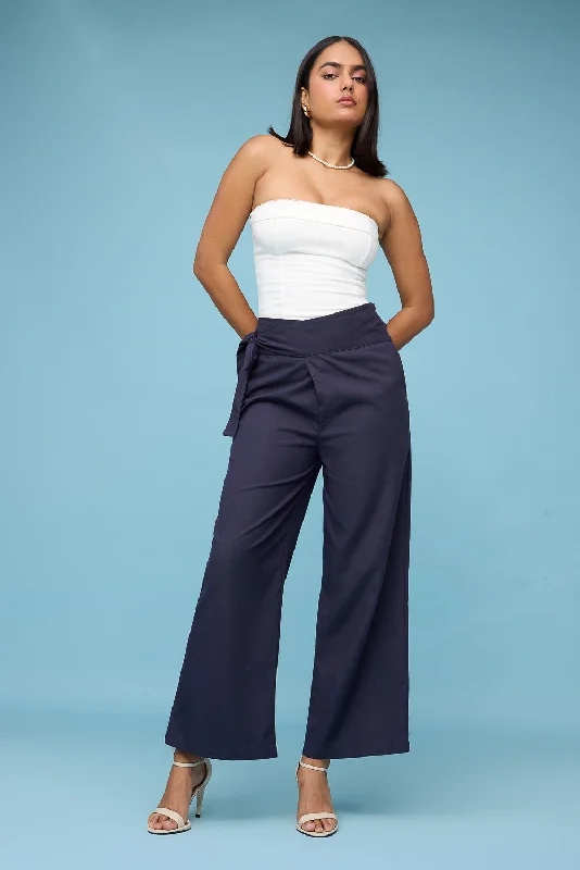 Sports Functional Style Navy Blue Wrap Around Korean Pants