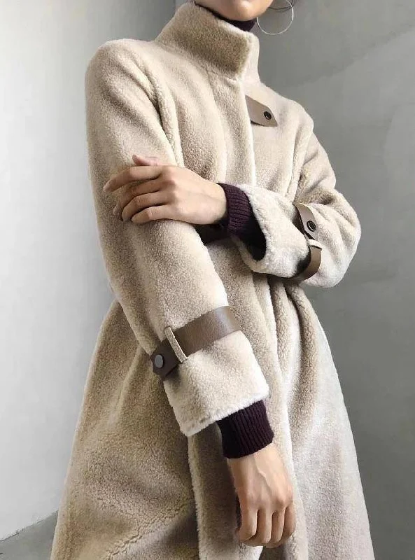 Elegant And Charming Lamb Wool Genuine Sheep Shearing Fur Belted Teddy Coat