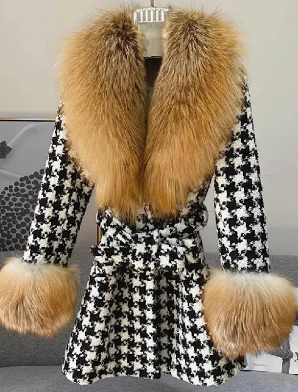 Sports Series Midi Length Houndstooth Red Fox Fur Trim Belted Wool Jacket