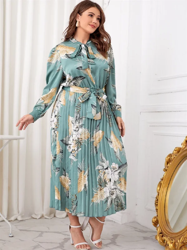 Fresh And Capable Elegant Tropical Pleated Long Sleeve Tie Neck Pleated High Waist Long Plus Size Dress