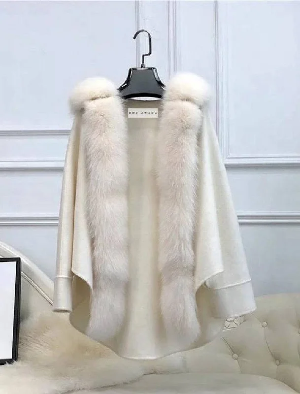 Simple Design Oversized Australian Wool Fox Fur Trim Poncho