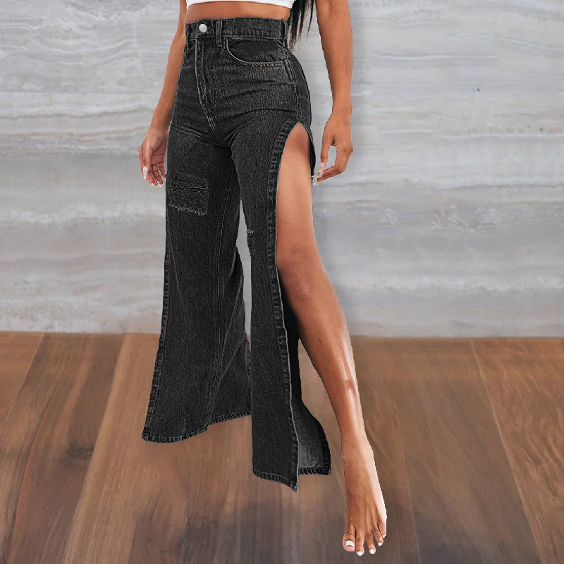 Classic Style Sexy Wide-Leg Shredded Women'S Denim Trouser Wholesale Jeans