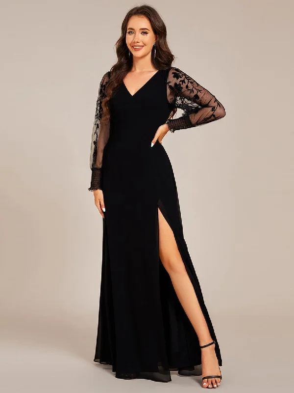 Romantic Temperament Diane | See-Through Long Sleeve V-Neck High Slit Chiffon Formal Evening Dress