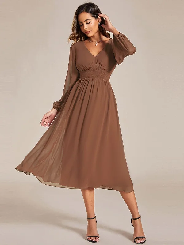 Printed Patterns Custom Size Chiffon V-Neck Long Sleeves Elastic Band Midi Wedding Guest Dress Printed Patterns Custom Size Chiffon V-Neck Long Sleeves Elastic Band Midi Wedding Guest Dress