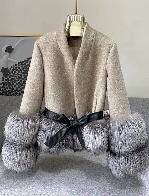 Fashion And Simplicity Cashmere Jacket with Dusty Black Fox Fur Trim Leather Waist Tie