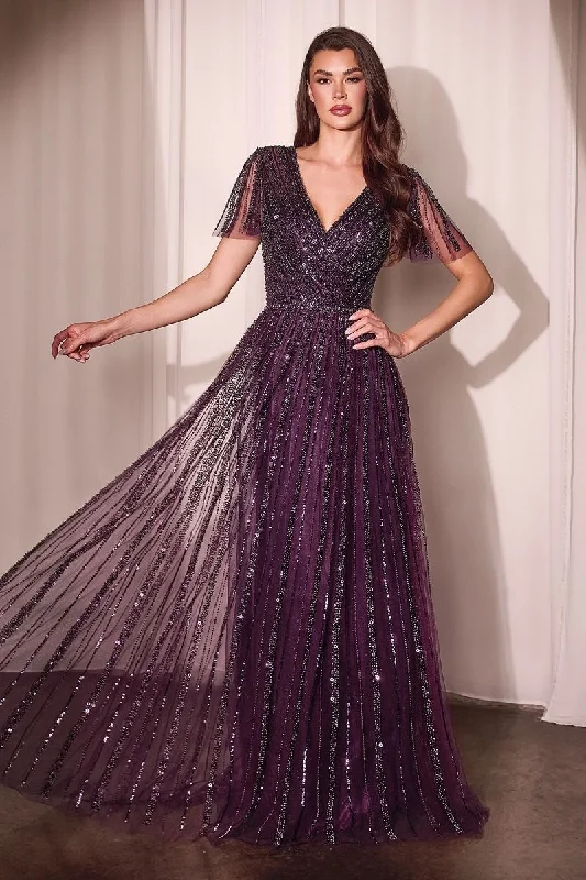 Breathable Design Butterfly Sleeve V-Neckline Gown By Ladivine CD0241 - Women Evening Formal Gown - Special Occasion/Curves