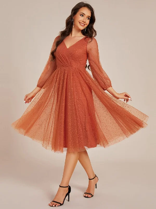 Fashion Classic Maren | Glittery Long Sleeve V-Neck Midi Wedding Guest Dress