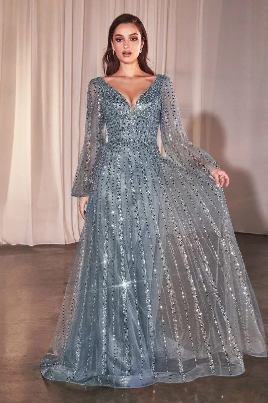 Integrated Design Beaded Long Sleeve A-Line Gown by Cinderella Divine CD0240 - Special Occasion/Curves Integrated Design Beaded Long Sleeve A-Line Gown by Cinderella Divine CD0240 - Special Occasion/Curves