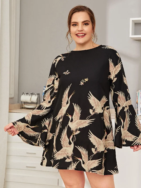 High Street Design Casual Animal Long Sleeve Round Neck Straight Natural Short Plus Size Dress High Street Design Casual Animal Long Sleeve Round Neck Straight Natural Short Plus Size Dress