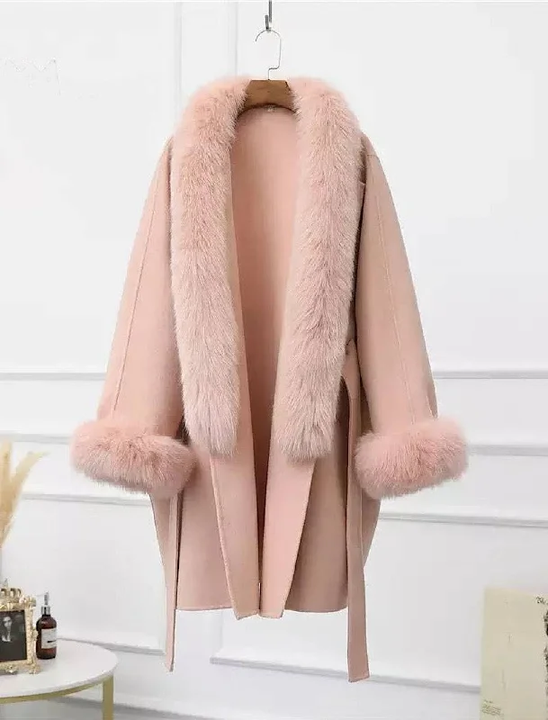 Free And Comfortable Cashmere Wool Removable Fox Fur Collar Belted Coat
