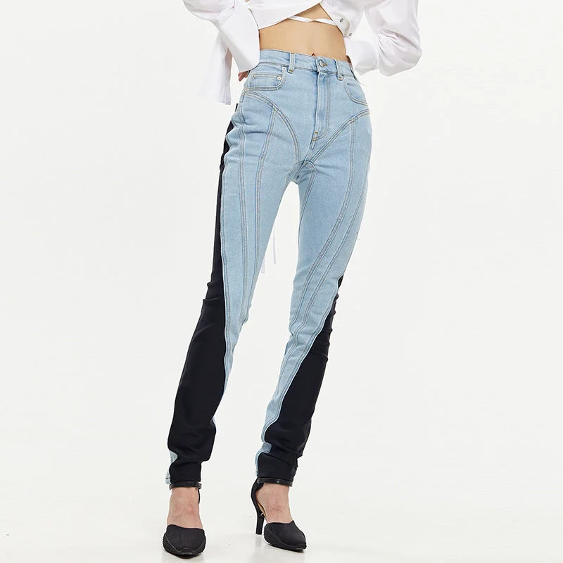 Fashion Style Fashion Colorblock Slim High Waist Pencil Trousers Wholesale Women Jeans