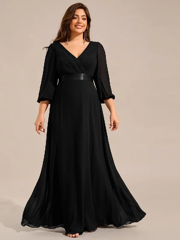 Elegant Series Warm Monica | Plus Size Empire Waist Pleated Chiffon Long Sleeves Formal Evening Dress