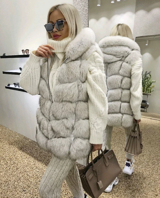 End Of The Year Long Fox Fur Vest With Hoodie