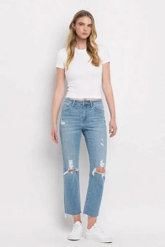 Street Vertical And Horizontal Design High Rise Distressed Cropped Straight Jeans