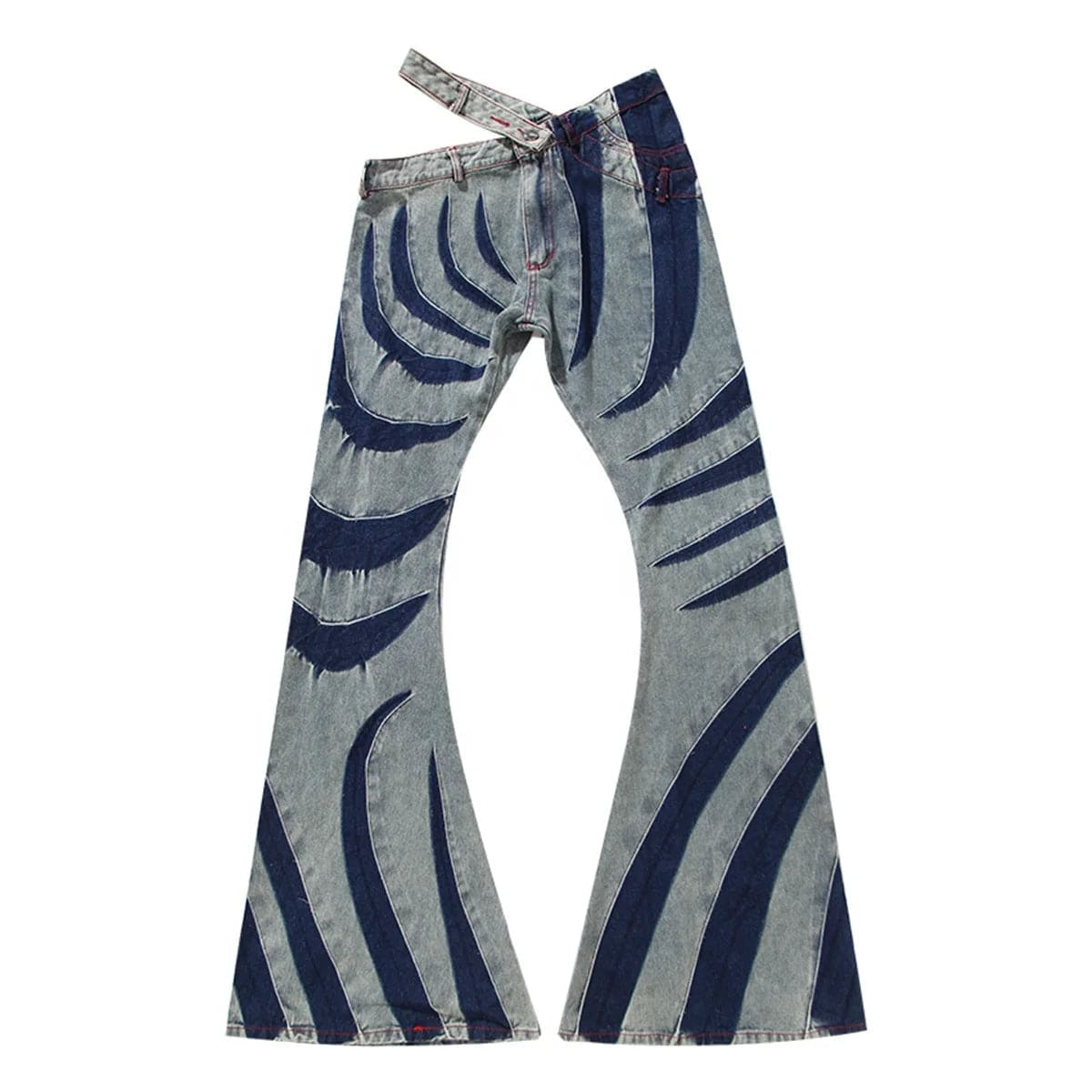 Floral Prints OUDINA 2023 Hot Girl Style Bootcut Pant Waist Slit Hollow Contrast Color Bell Bottoms Jeans Women Trousers
