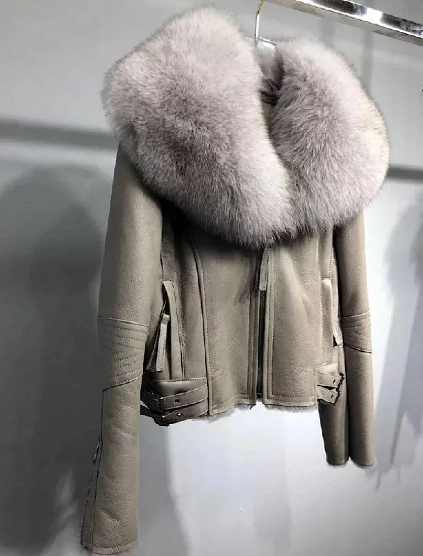 High-quality Design Shearling Sheepskin Fox Fur Collar Biker Jacket