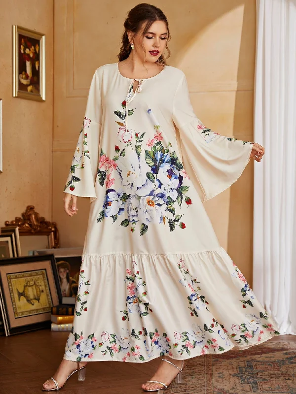 European Plan Modest Floral Ruffle Hem Long Sleeve Tie Neck Flounce Drop Waist Maxi Plus Size Dress European Plan Modest Floral Ruffle Hem Long Sleeve Tie Neck Flounce Drop Waist Maxi Plus Size Dress