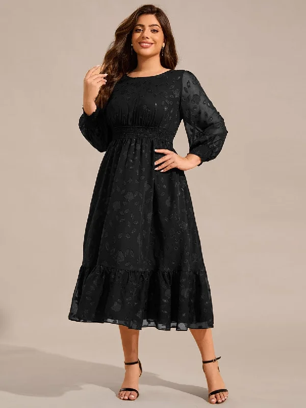 Fashionable Prints Alice | Plus Size Long Sleeve Round Neckline Chiffon Wedding Guest Dress