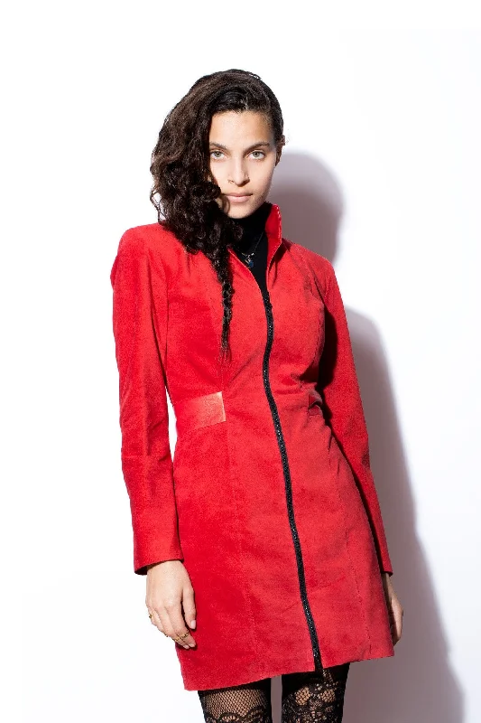 New Design Women's West Coast Leather Lamb Suede Stand Collar Dress