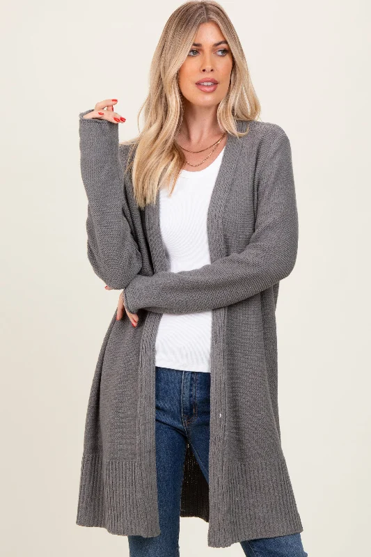 Simple research Charcoal Contrast Rib Long Open Cardigan