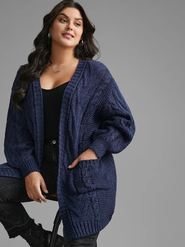 Retro Woolen Jacket Texture Cable Knit Patched Pocket Cardigan