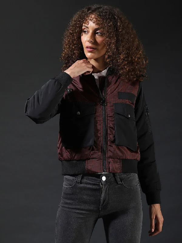 Soft Textures Campus Sutra Women Checks Stylish Casual Bomber Jacket