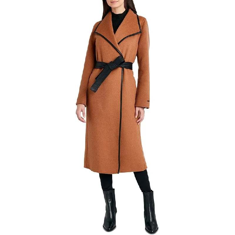 Street Sports Style Tahari Women's Black Juliette Double Face Wool Belted Coat with Faux Leather Trim Caramel