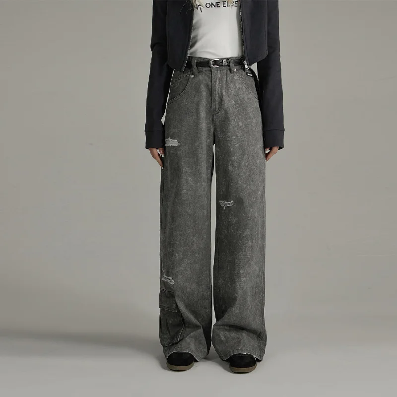 Stand-up collar design Washing Wide Distressed Denim Jeans