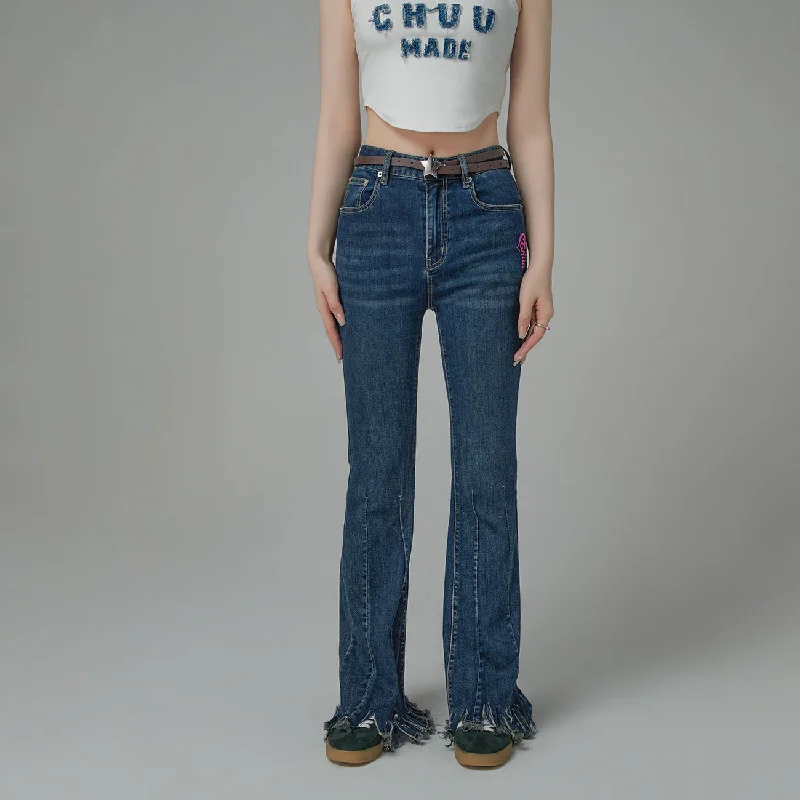 Age-reducing Style Embroidered Fringed Hem Denim Jeans