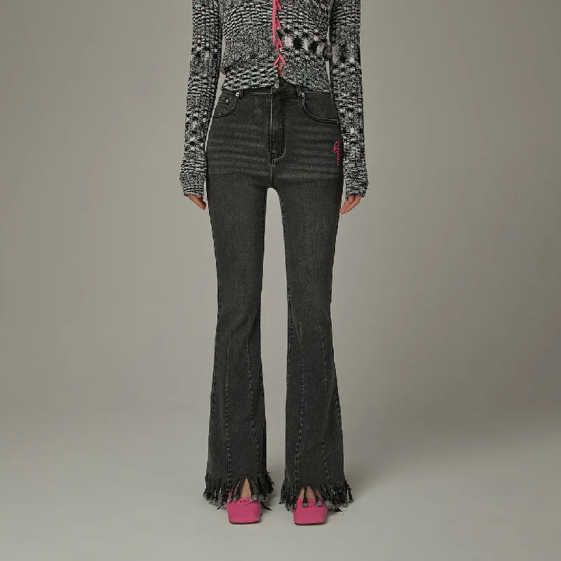 Printing decoration Frayed Tassel Hem Bootcut Denim Jeans