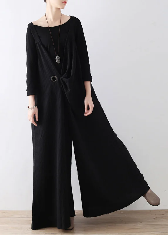 Casual Elegance Black Striped Tie Waist Wide Leg Jumpsuits Fall