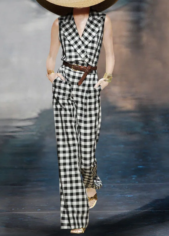 Easy Fashion French Black White Plaid Cotton Jumpsuit Wide Leg Pants Sleeveless