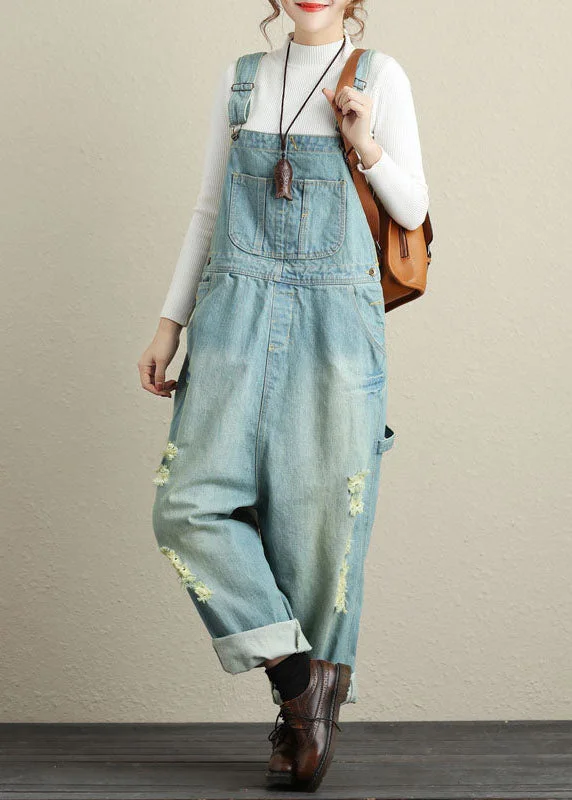 Comfortable Outfits Light Blue Patchwork Ripped Jeans Jumpsuits Spring