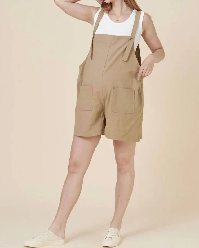 Exclusive Customization Linen Overalls Romper In Camel