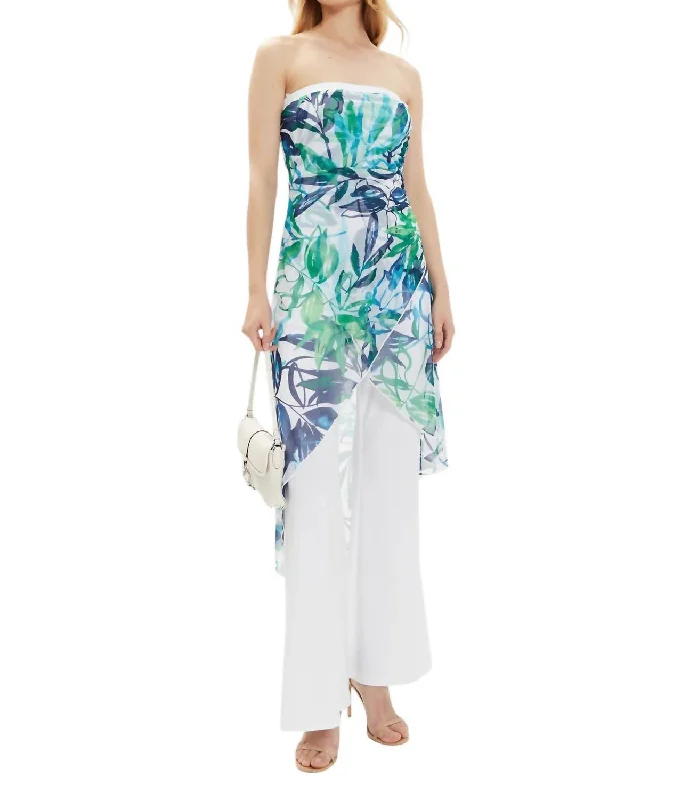 Trends Mesh And Silky Knit Tropical Print Jumpsuit In Vanilla/multi