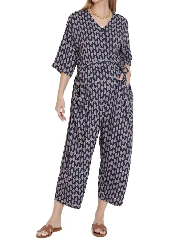 Chic Relaxation Paisley Printed Silk Jumpsuit In Navy
