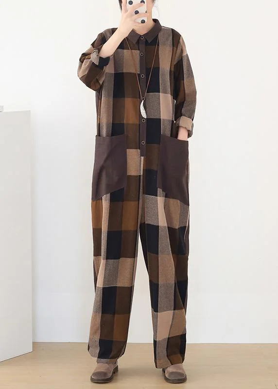 Free Design Spring Big Pockets Slimming Harem Cotton Brown Plus Szie Plaid Jumpsuit