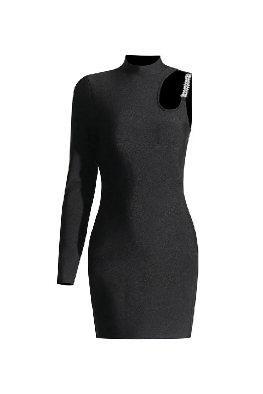 Perfect Tailoring Asymmetrical High Neck Rhinestone Cutout Long Sleeve Knit Party Mini Dress Perfect Tailoring Asymmetrical High Neck Rhinestone Cutout Long Sleeve Knit Party Mini Dress