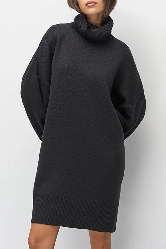 Classic Design Casual Turtleneck Long Sleeve Shift Winter Oversized Sweater Mini Dress - Black