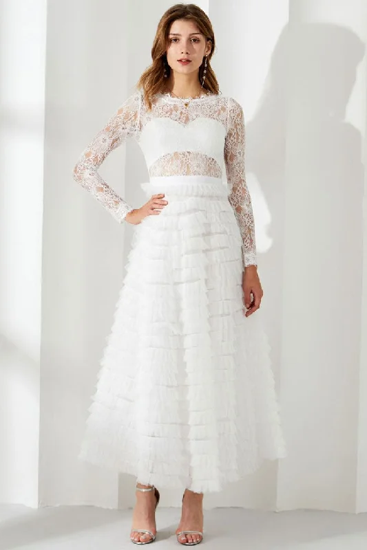 Dressing Tips Chic Eyelash Lace Long Sleeve Tiered Ruffle Tulle Evening Maxi Dress - White