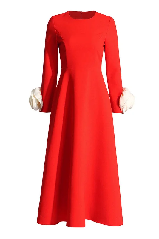 Exquisite Design Glamorous Crew Neck Rosette Long Sleeve Flared Cocktail Party Midi Dress