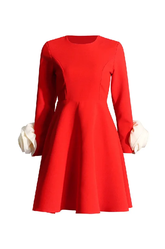 End Of The Year Glamorous Crew Neck Rosette Trim Long Sleeve Fit & Flare Party Mini Dress