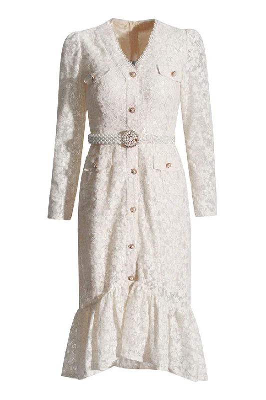 Fresh And Fashionable Luxury Lurex Lace Scalloped V Neck Pearl Belt Fishtail Cocktail Midi Dress Fresh And Fashionable Luxury Lurex Lace Scalloped V Neck Pearl Belt Fishtail Cocktail Midi Dress