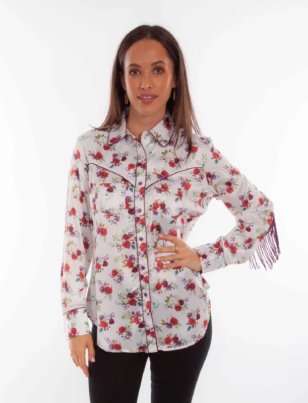 High Street Fashion Scully Womens Floral Fringe White 100% Polyester L/S Blouse